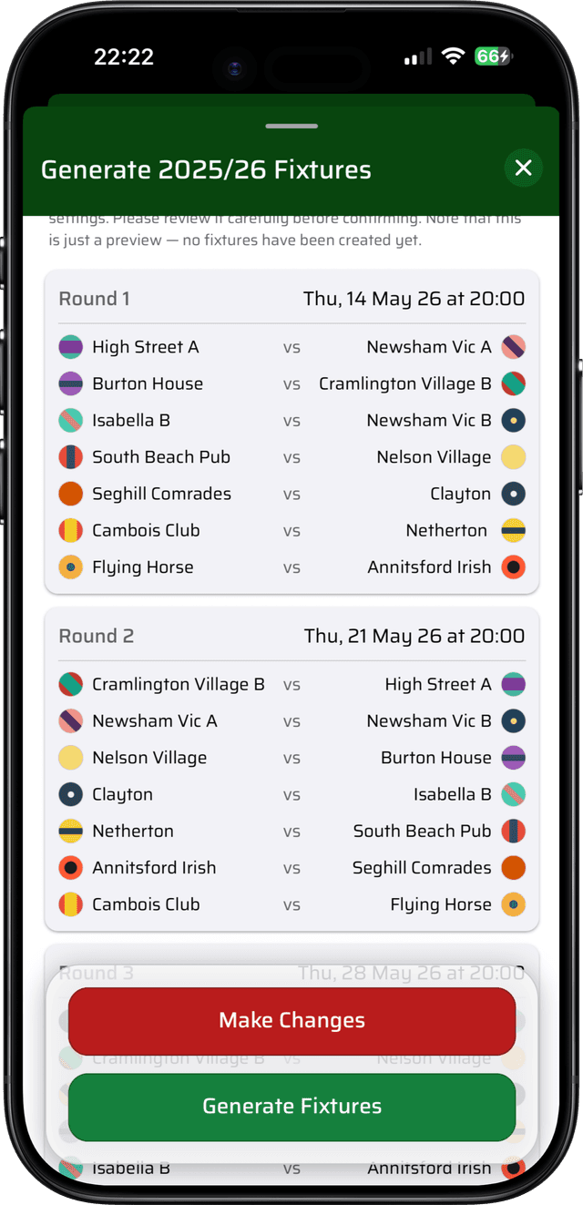 Auto-generated fixture lists screen
