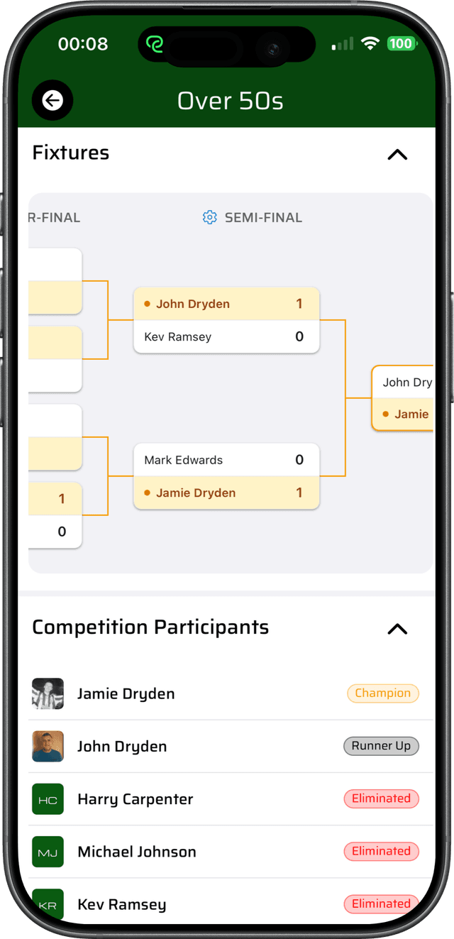 In-app tournament brackets screen